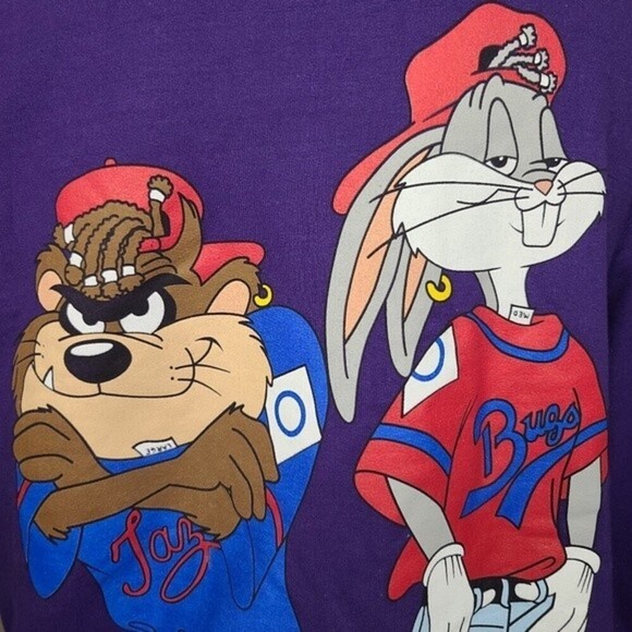 Looney Tunes Bugs Bunny Tasmanian Devil Baseball Purple Crewneck Vintage Sweater - Picture 2 of 8
